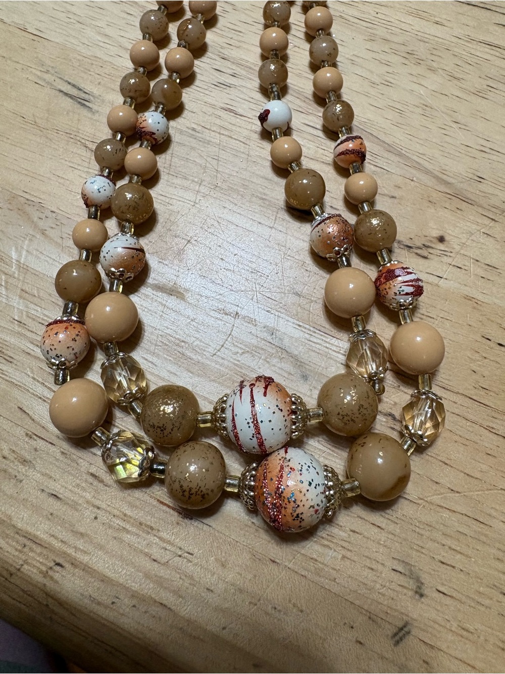 N8 Beige and White Speckled Multi-Strand Bead Necklace